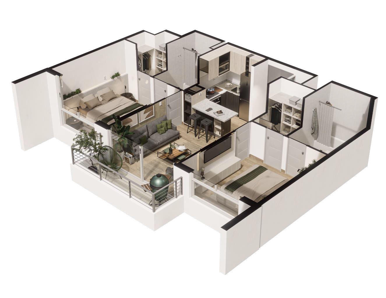Planta en 3D de un departamento de dos dormitorios y dos baños